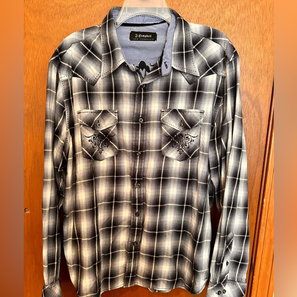 J Campbell‎ Shirt Mens XL Black Plaid Embroidered Long Sleeve Grunge Goth Button - Picture 1 of 7